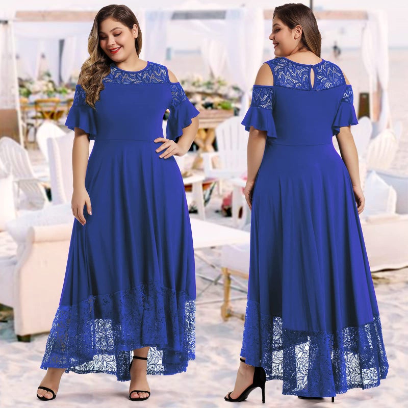 LALAGEN Womens Plus Size Casual Lace Cold Shoulder Long Plain Evening Party Maxi Dress Blue 3X - Image 2